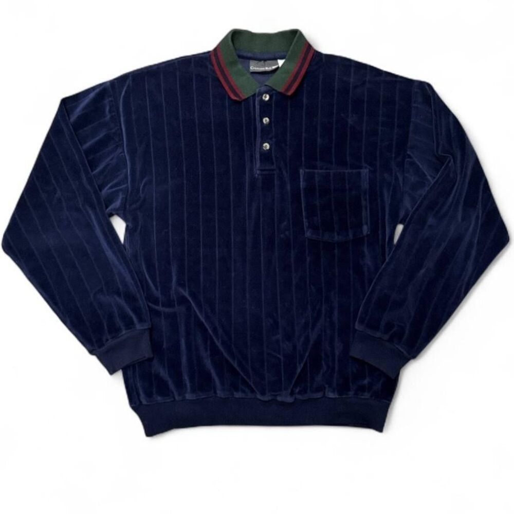 Vintage 90s Velour Polo Shirt Mens M Navy Blue Made in USA Crescent Bay Mod Prep